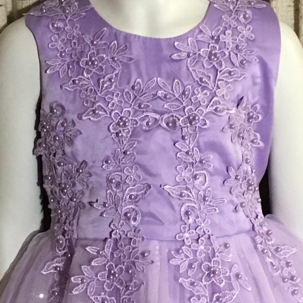 Lavender formal w/ Embroidery dress, girl's sizing about 12-14, (160Int. on Tag) - Picture 2 of 15